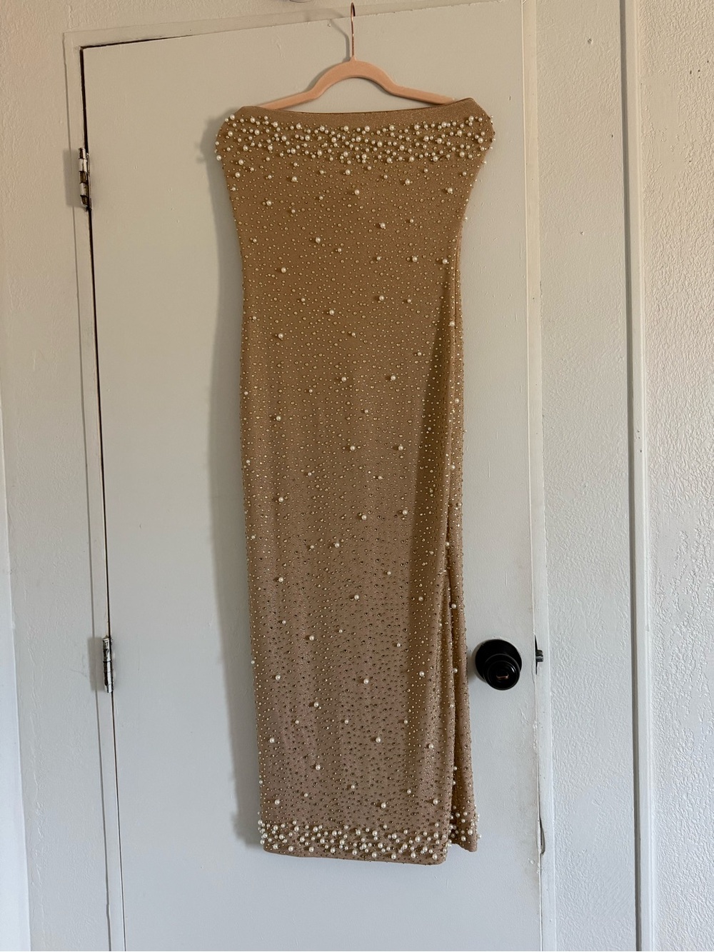 Strapless Pearl-Embellished Evening Gown in Champagne